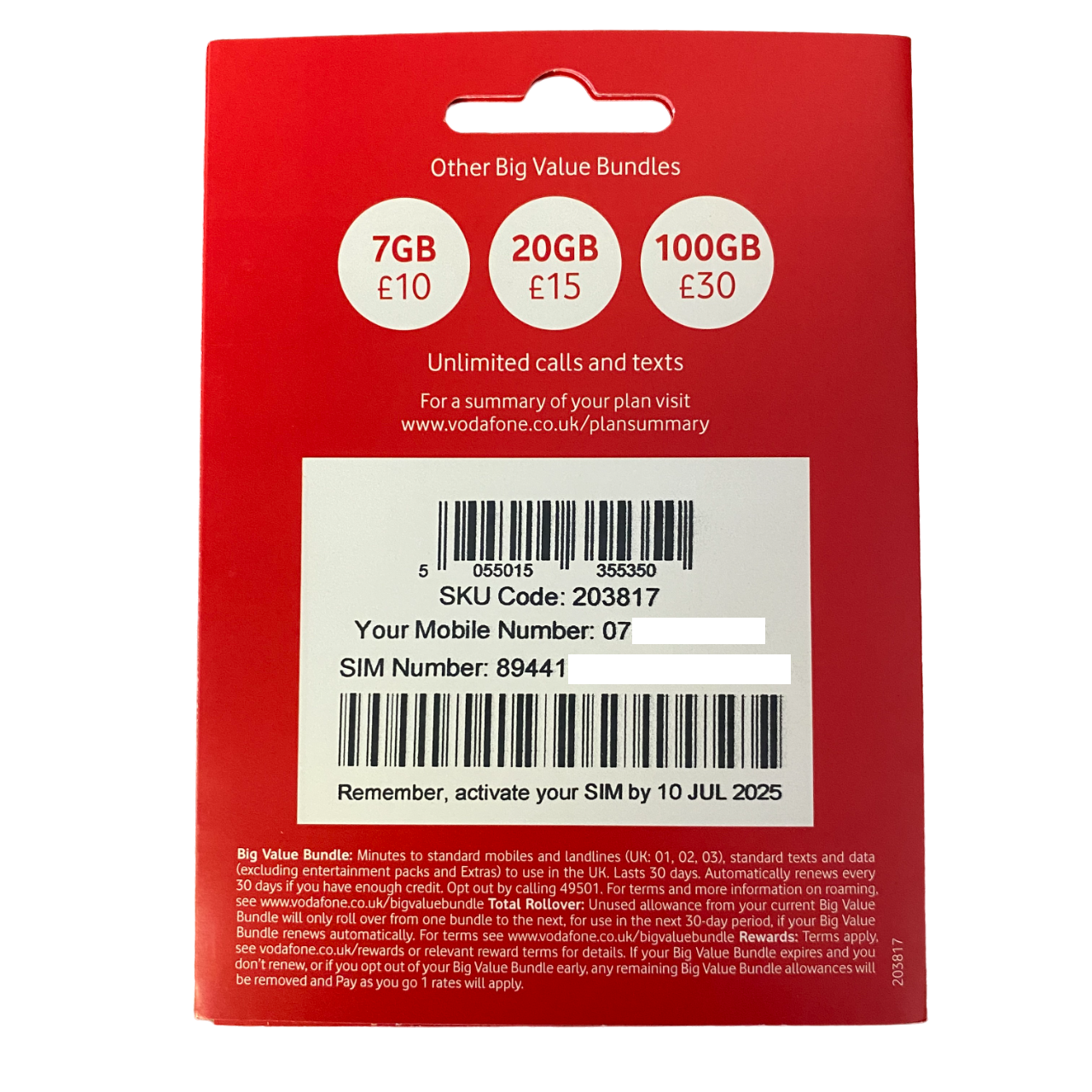 Vodafone Pay As You Go Sim Card 30 Day Bundle - £20