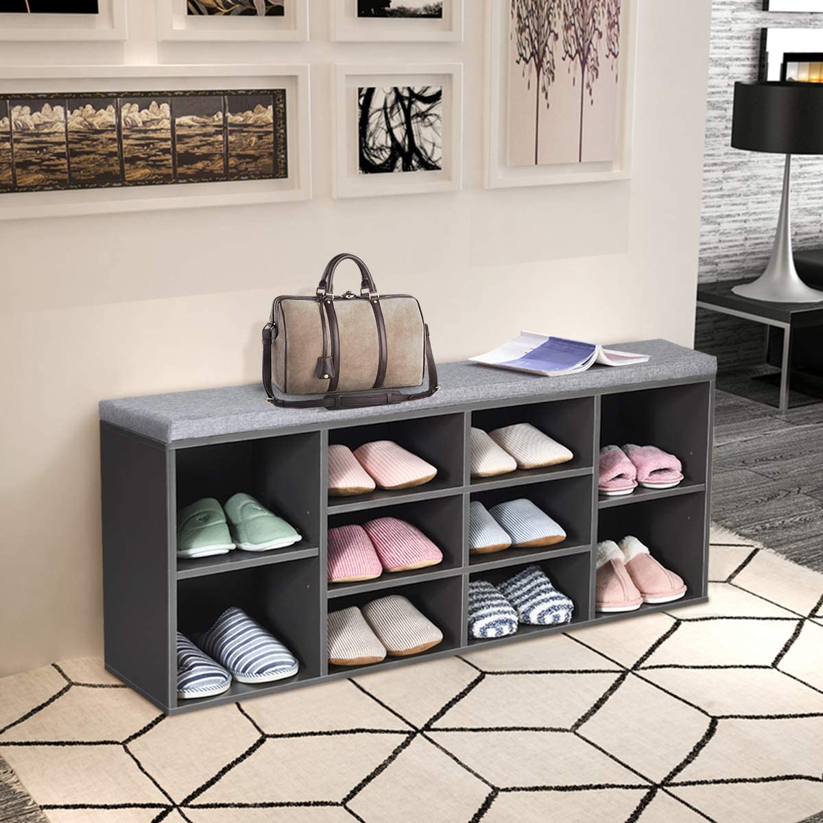 10-Cube Storage Bench Cabinet with Adjustable Shelves-Black