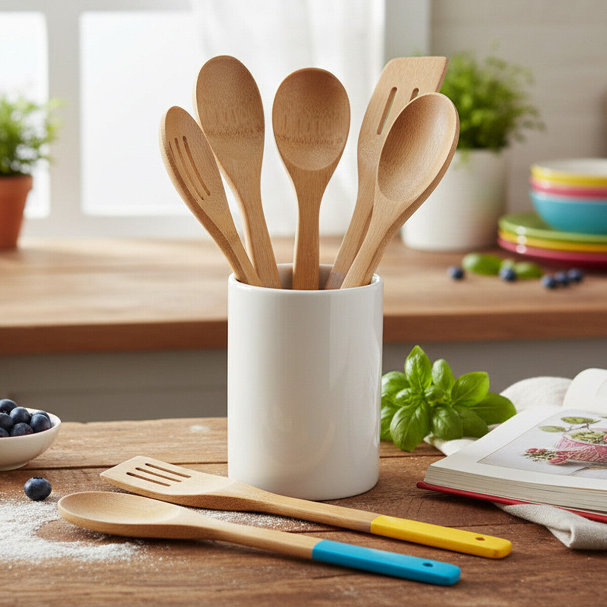 Aleki Natural Bamboo 5 Piece Utensil Set with Multi Coloured Handles