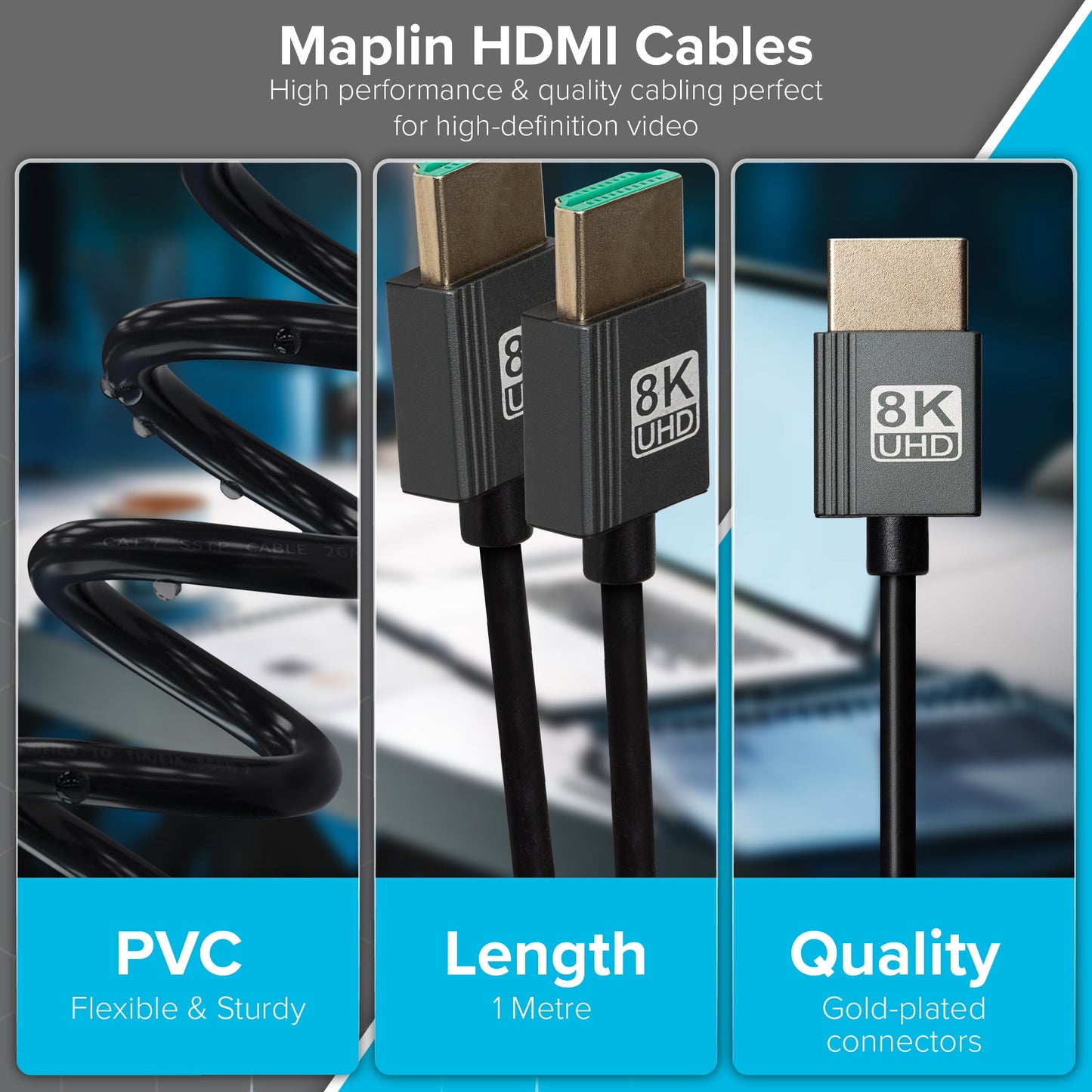 Maplin HDMI to HDMI 8K Ultra HD Coiled Cable - Black, 1m