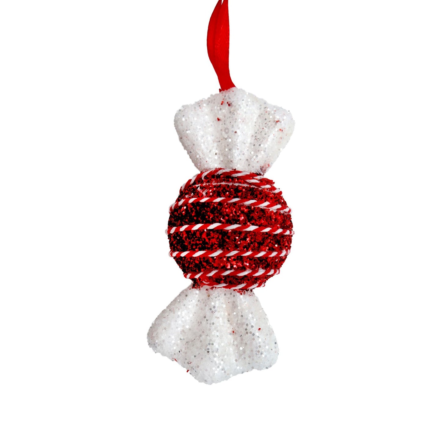 Red &amp; White Tinsel Glitter Round Candy with String Hanging Decoration (13cm)