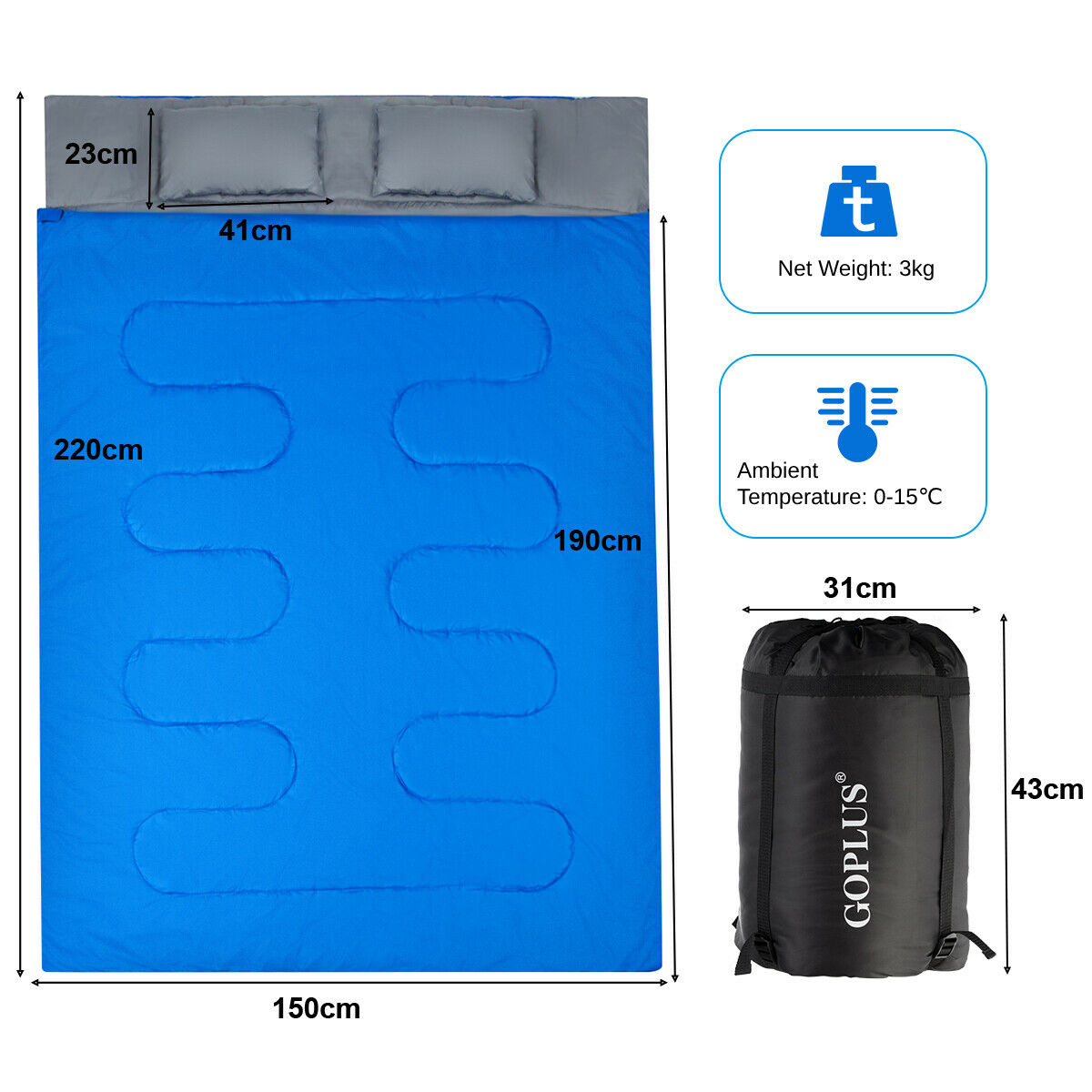 Double Sleeping Bag Extra Large Waterproof with Carrying Bag-Black