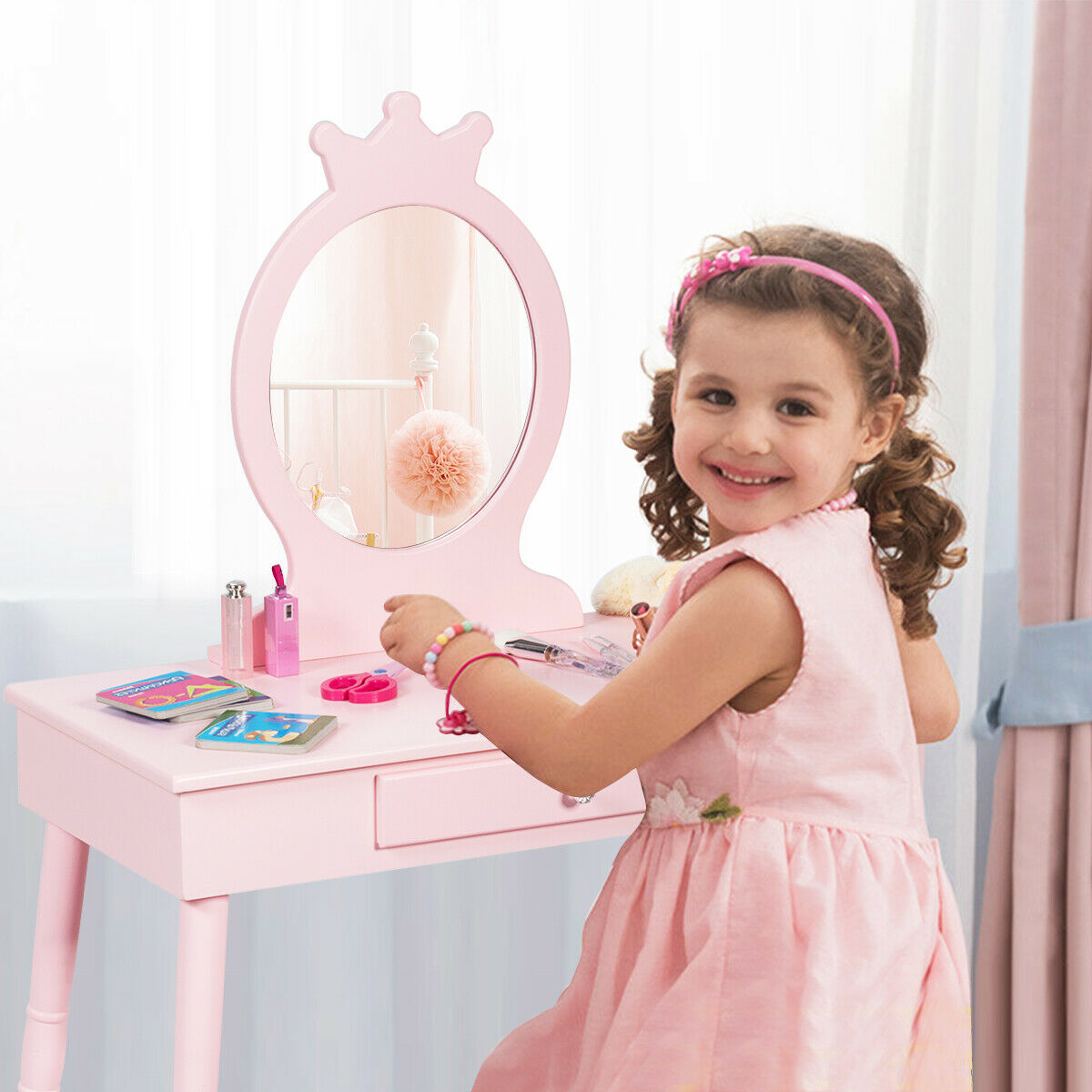 Child's Dressing Table and Cushioned Stool Set-Pink