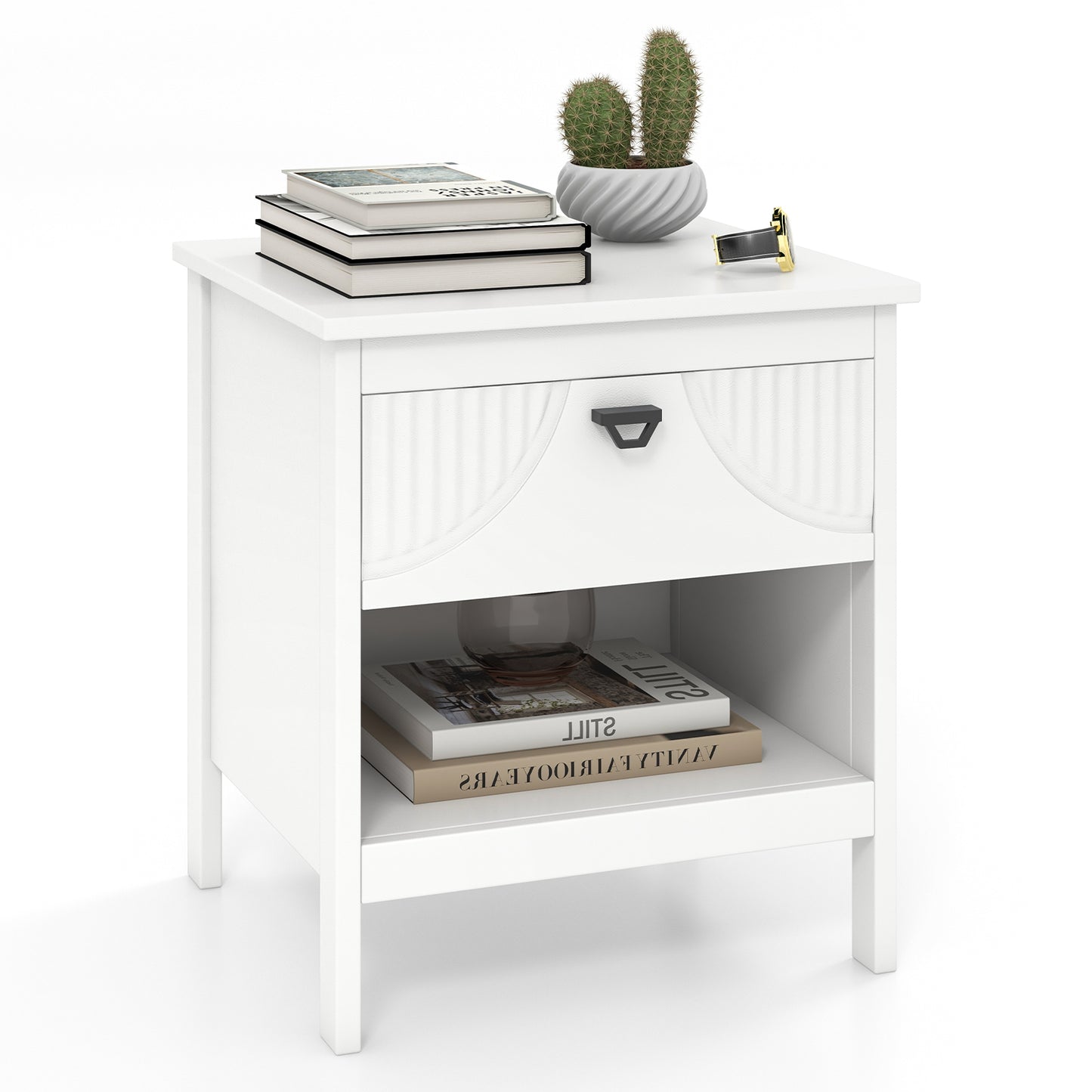 2-tier End Table with Drawer and Open Storage Shelf-White
