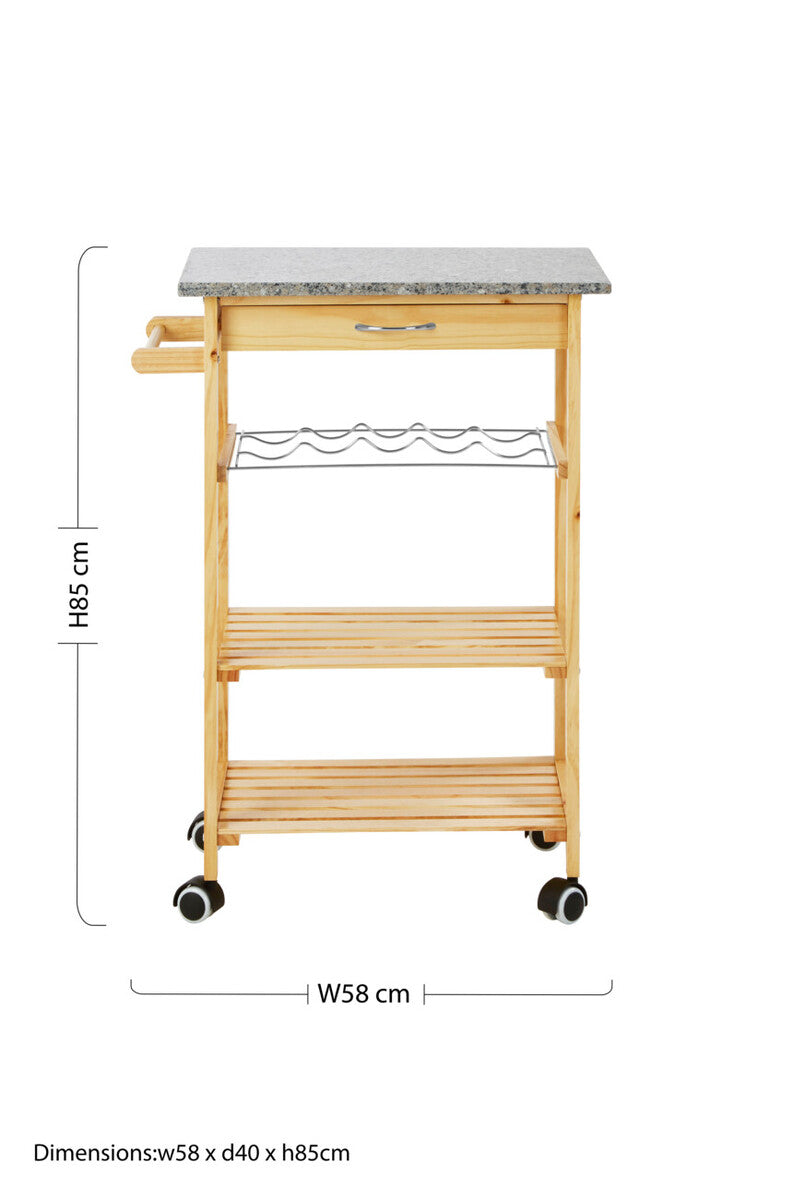 Harlow Natural Pine Wood Kitchen Trolley with Granite Top