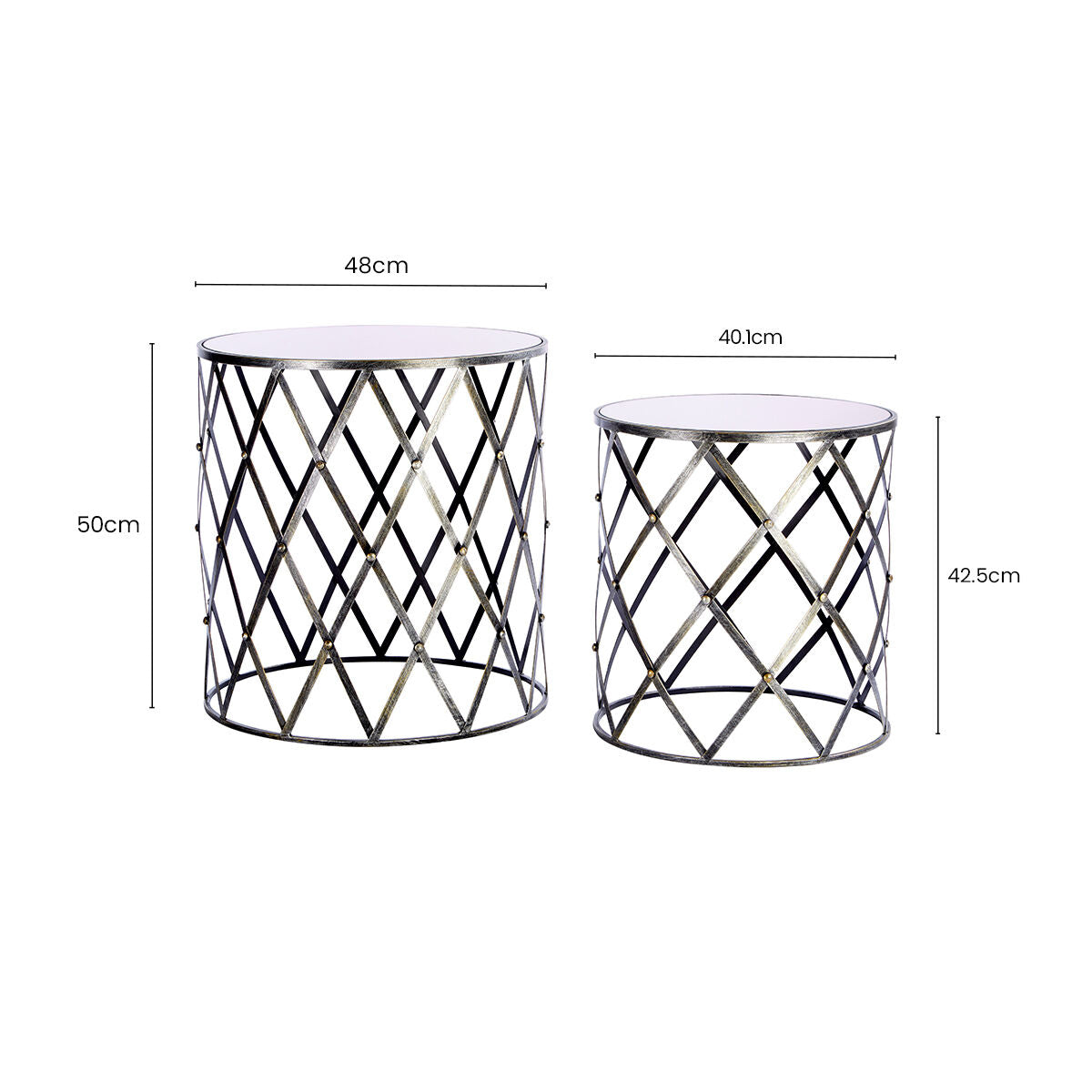 Avantis Silver Finish Set of 2 Round Side Tables with Diamond Design