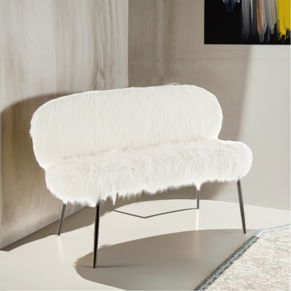 Sienna White Faux Fur 2 Seater Sofa with Black Finish Legs