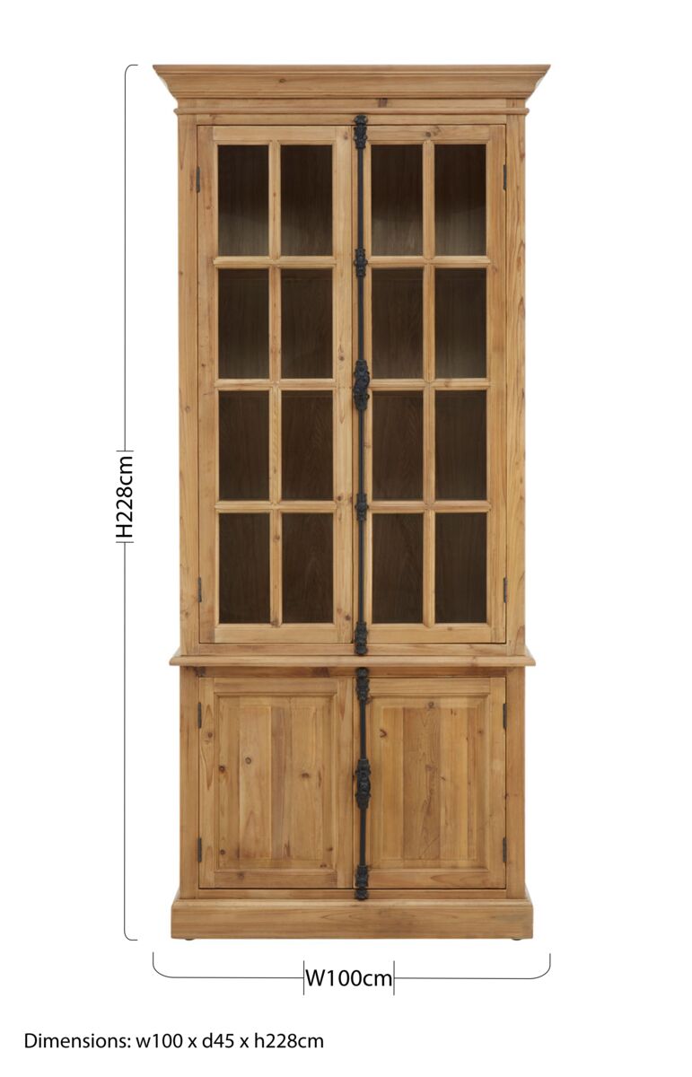 Banten Natural Pine Wood 4 Door Tall Cabinet with Glass Doors