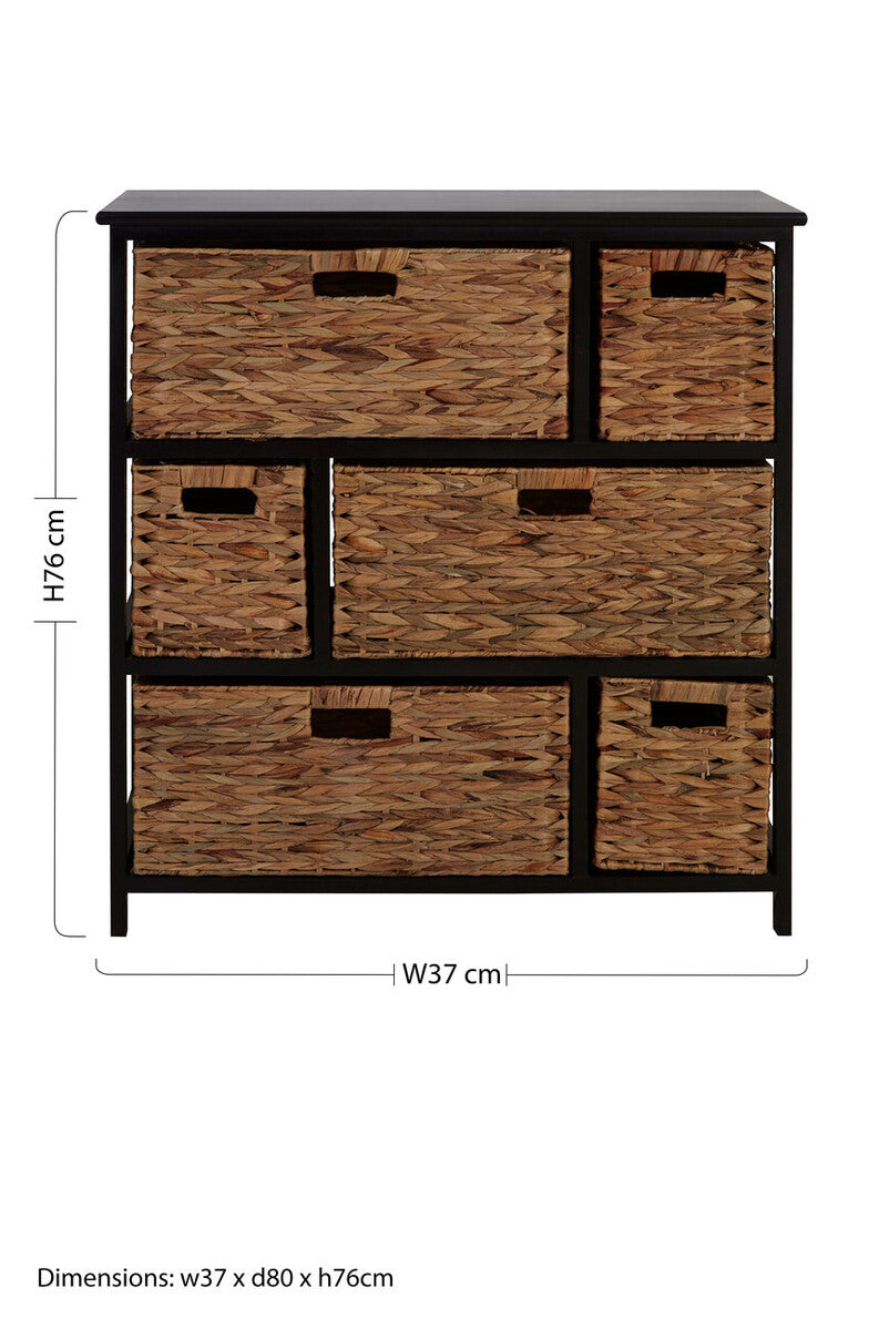 Padstow Black Wooden Storage Unit with 6 Water Hyacinth Drawers