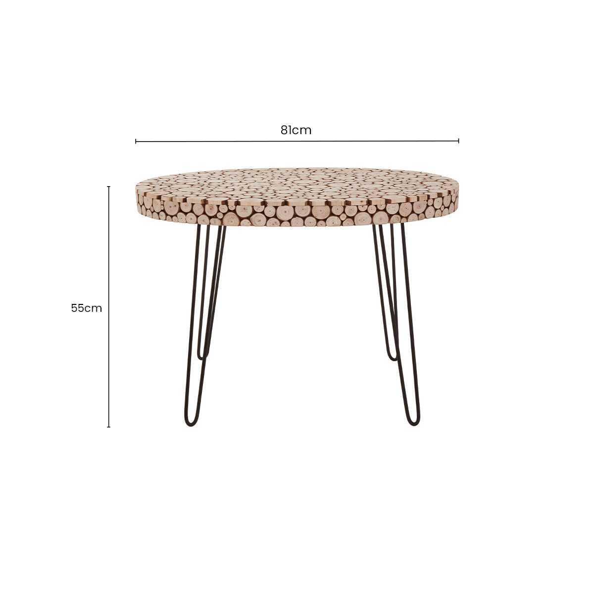 Natural Fir Wood Disc Mosaic Oval Coffee Table with Black Metal Hairpin Legs | Lacuna