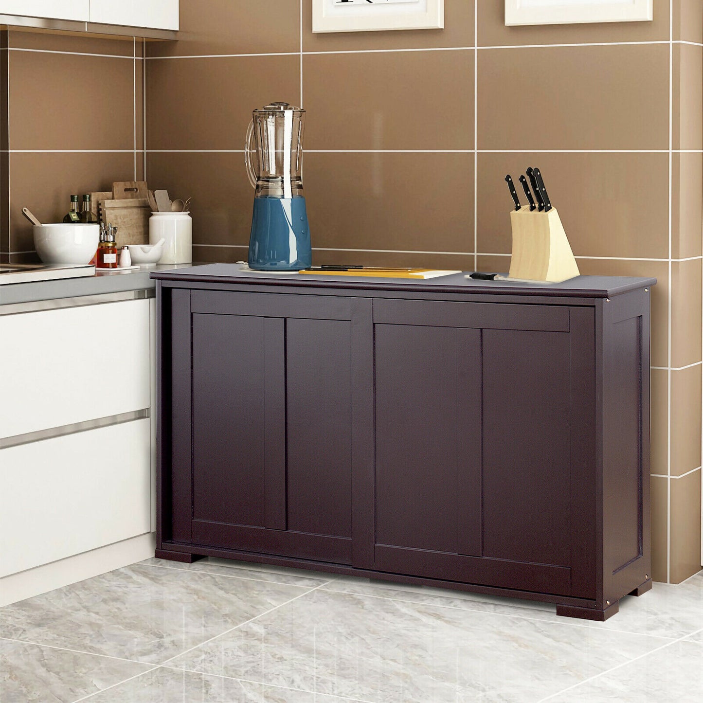 Storage Sideboard with Sliding Door and Double Partition-Black