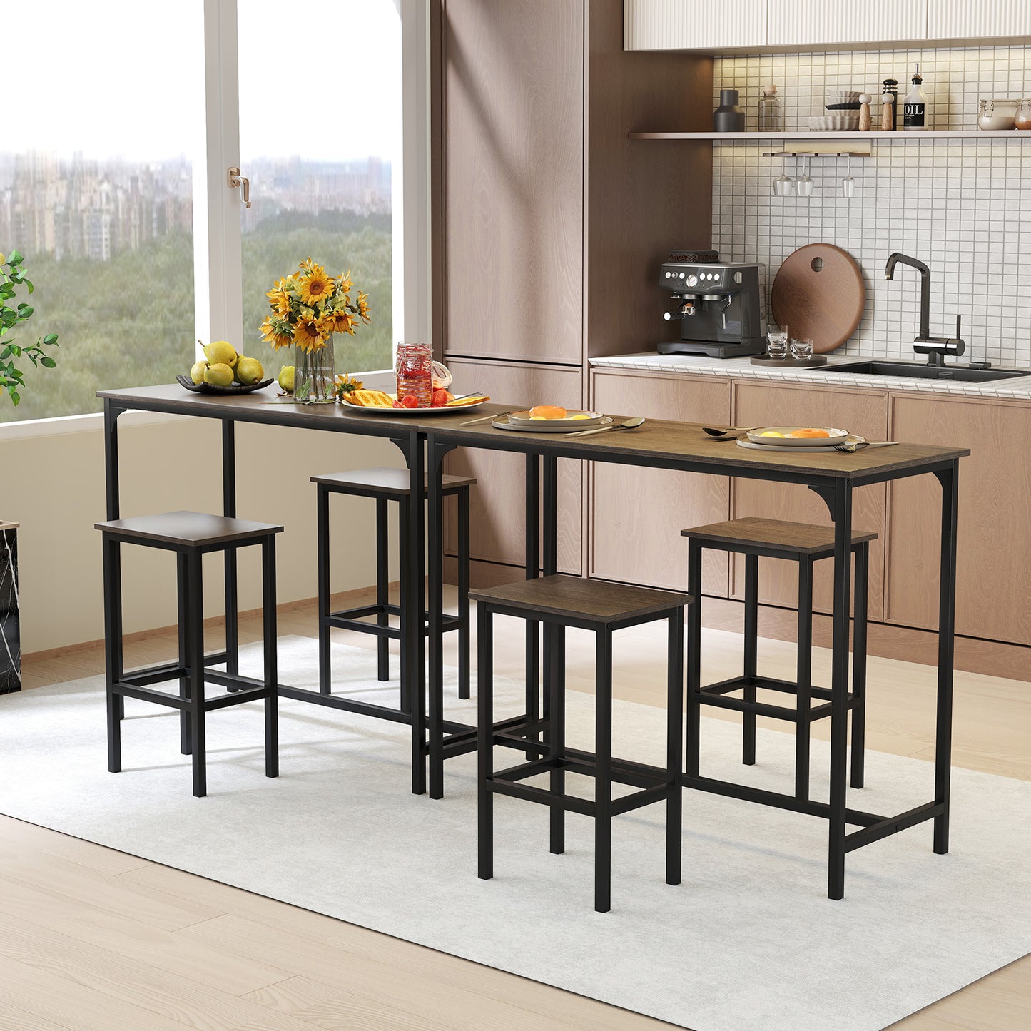 3-Piece Dining Table Set with High Top Rectangular Pub Table and Chairs-Black