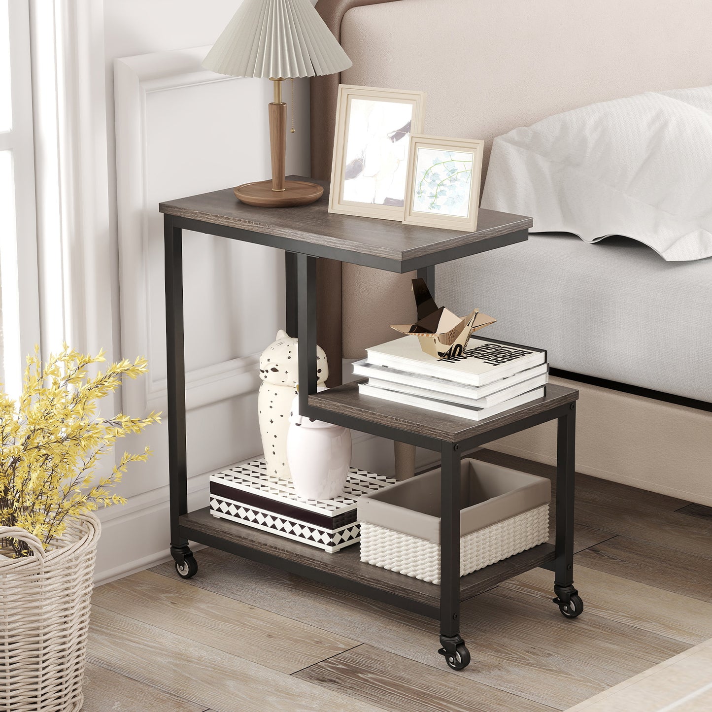 3-Tier Small Sofa Couch Side Table with Lockable Casters for Living Room-White