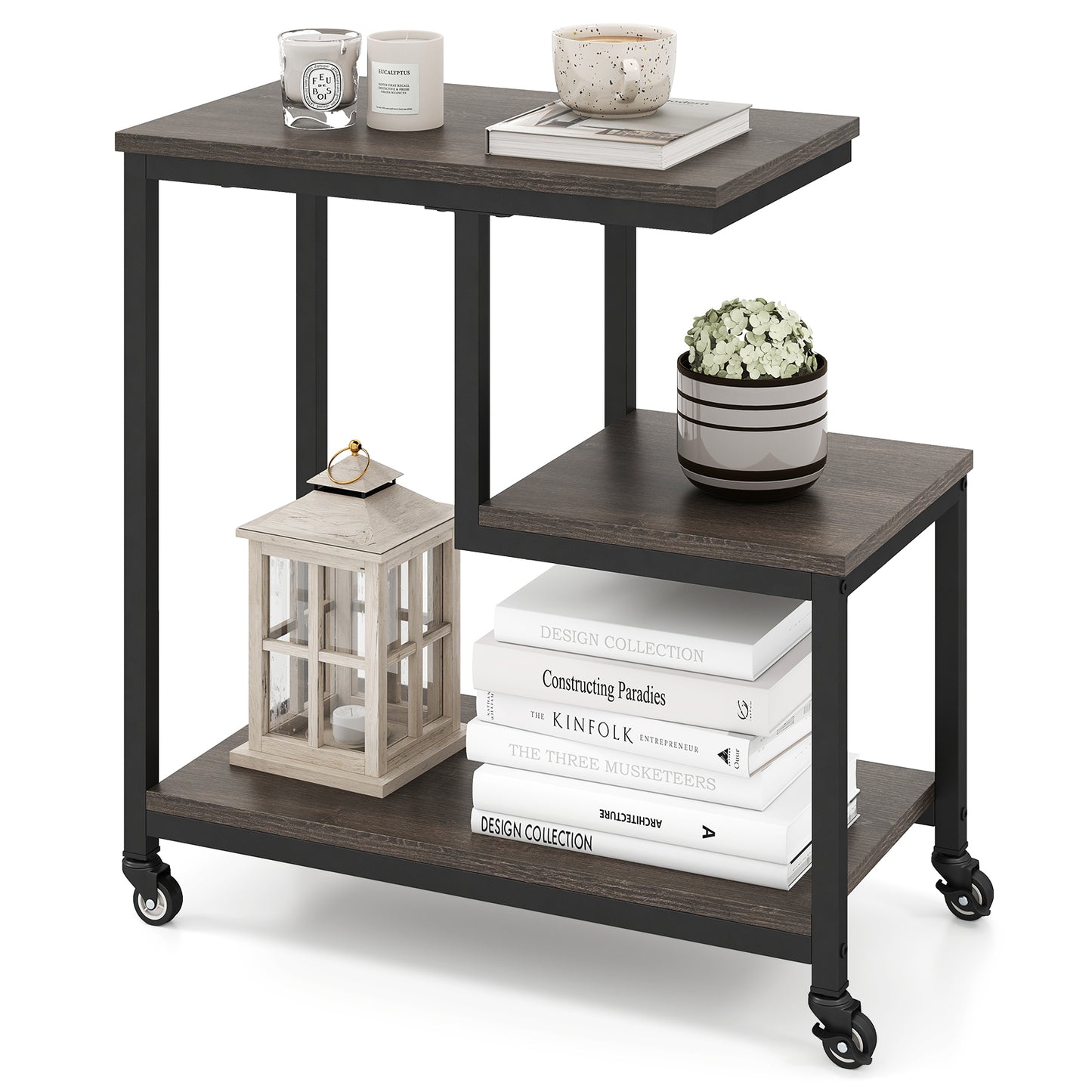 3-Tier Small Sofa Couch Side Table with Lockable Casters for Living Room-White