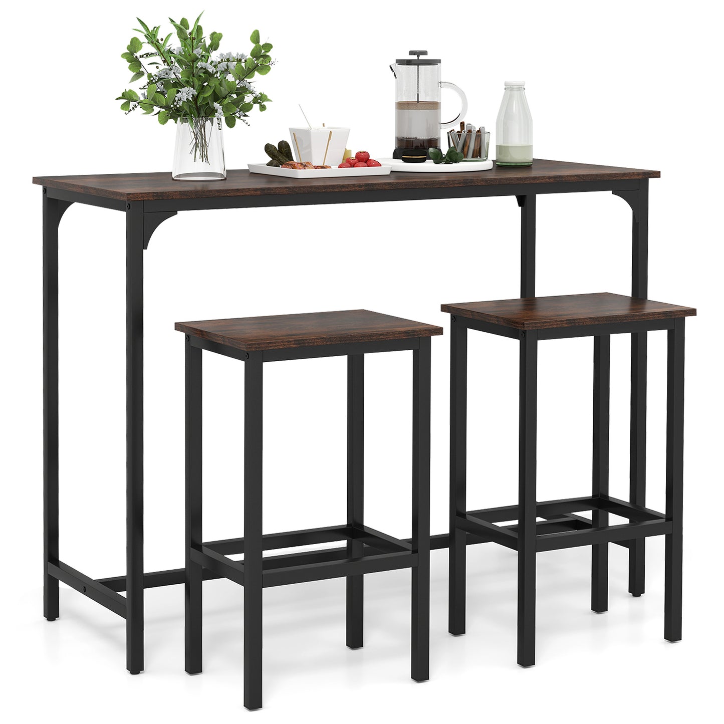 3-Piece Dining Table Set with High Top Rectangular Pub Table and Chairs-Black