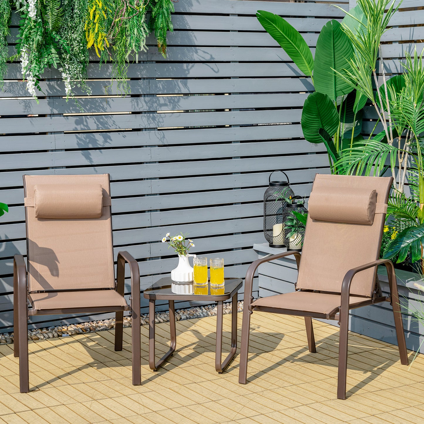 3 Pieces Patio Bistro Set with Coffee Table and 2 Stackable Chairs-Black