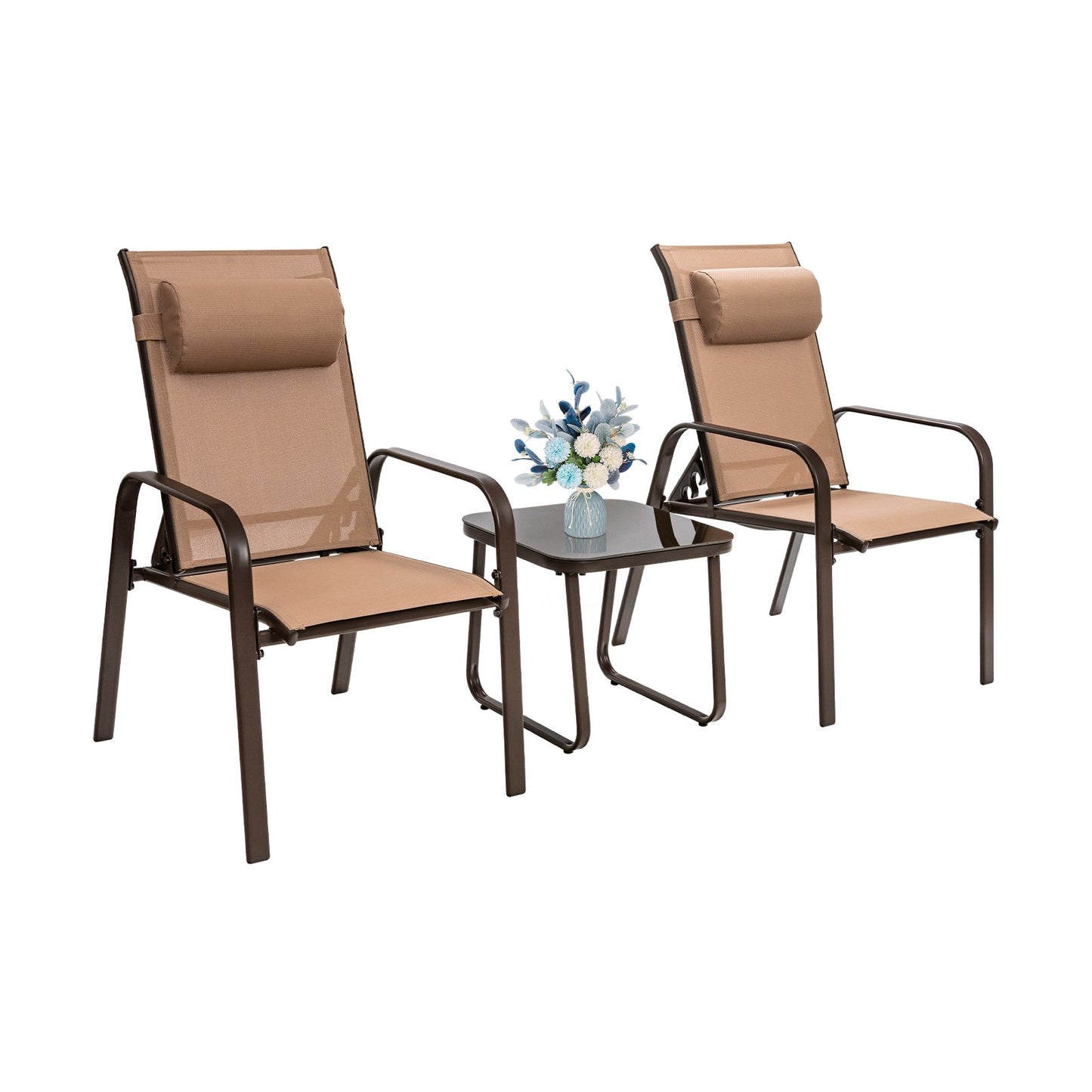 3 Pieces Patio Bistro Set with Coffee Table and 2 Stackable Chairs-Black