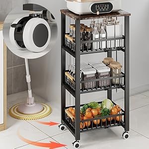 CarolynDesign Wire Baskets with Wheels Stackable Fruit Vegetable Storage Containers with Pull Out Wooden Handle Sliding Bottom for Bathroom