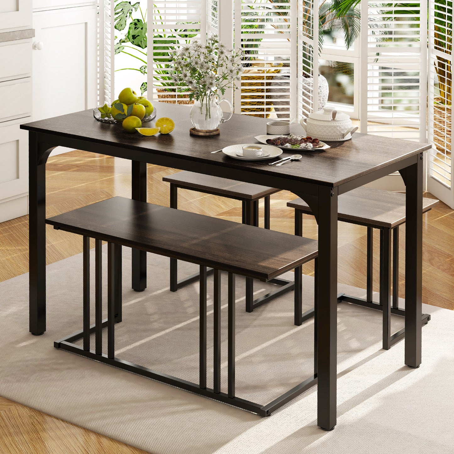 4-Piece Dining Table Set with Bench and 2 Stools for 4 Persons-Natural