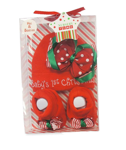 Cute 2 Piece Red Gift Set - Babys 1st Christmas Design - Incs Hat & Booties - 0-6 Months