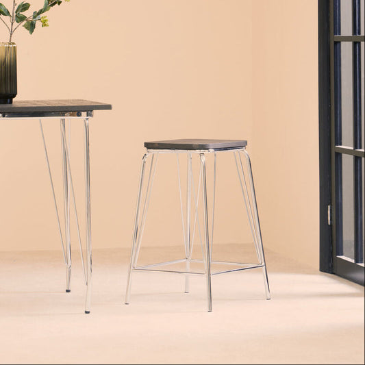 District Wooden Square Stool with Chrome Finish Frame