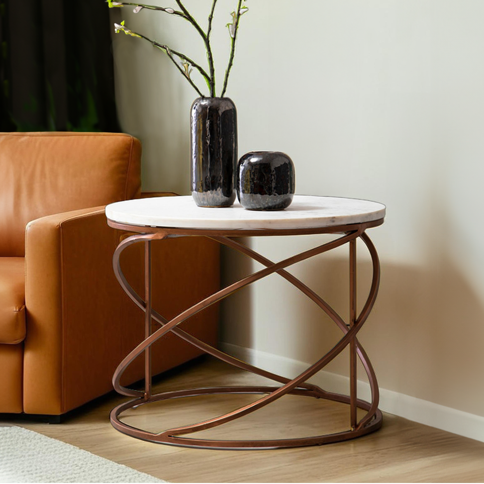 Nirav White Marble Round Coffee Table with Brass Finish Base