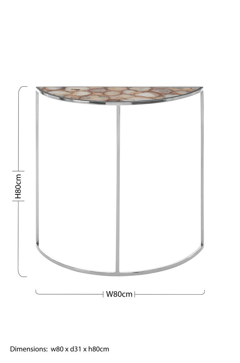 Vita White Agate Half Moon Console Table with Silver Finish Frame