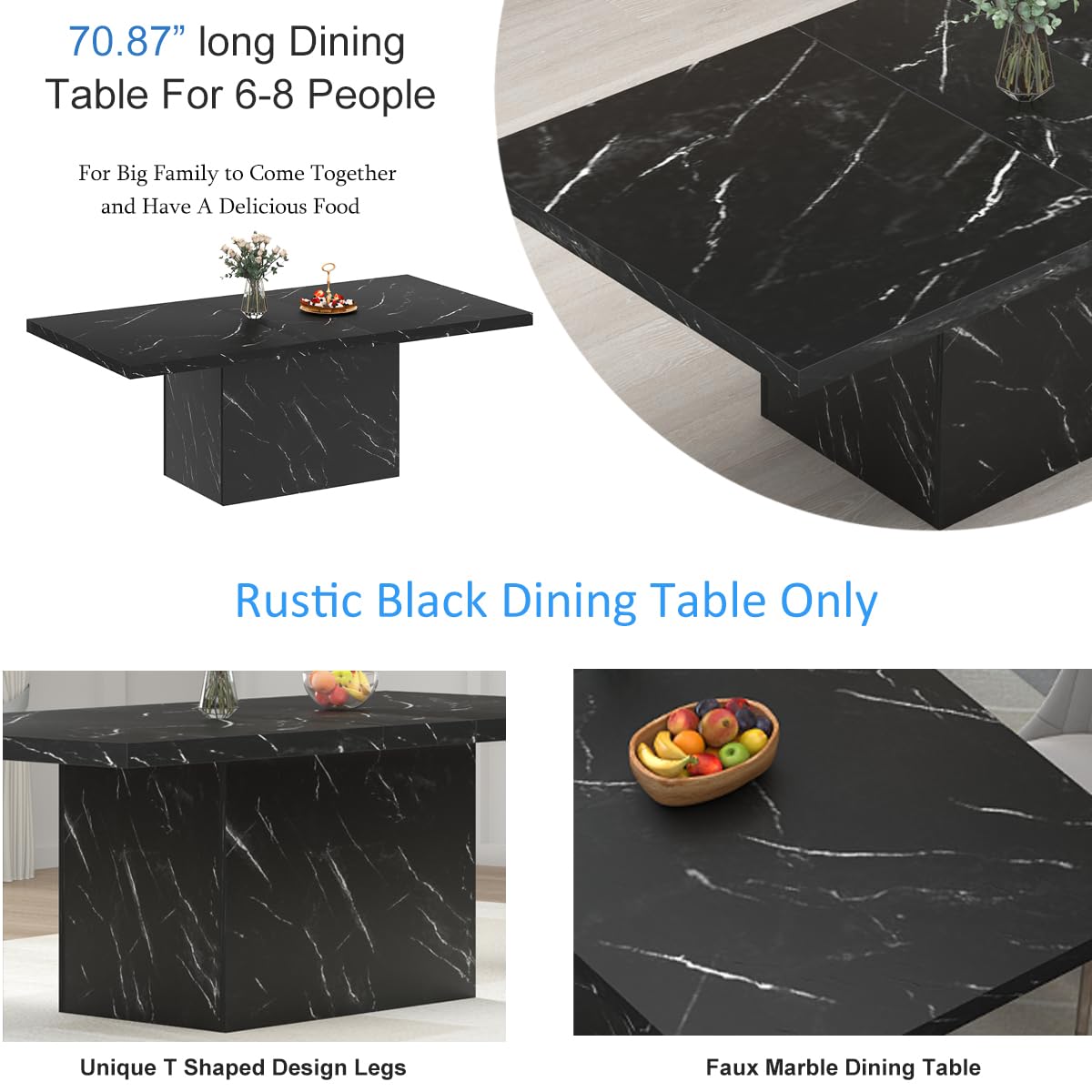 HSH Dining Table Modern Rectangle Kitchen Dinner Table 180cm Black Marble