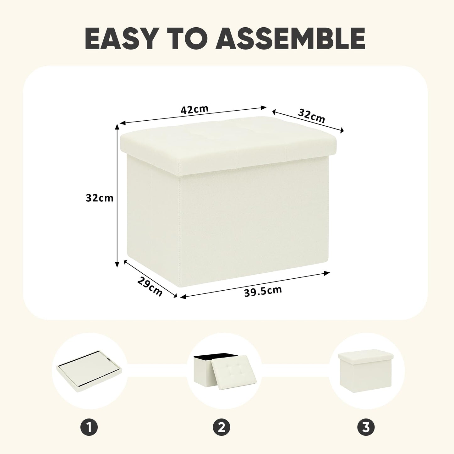PINPLUS Linen Storage Ottoman Box, Foldable Footstool, Cream White