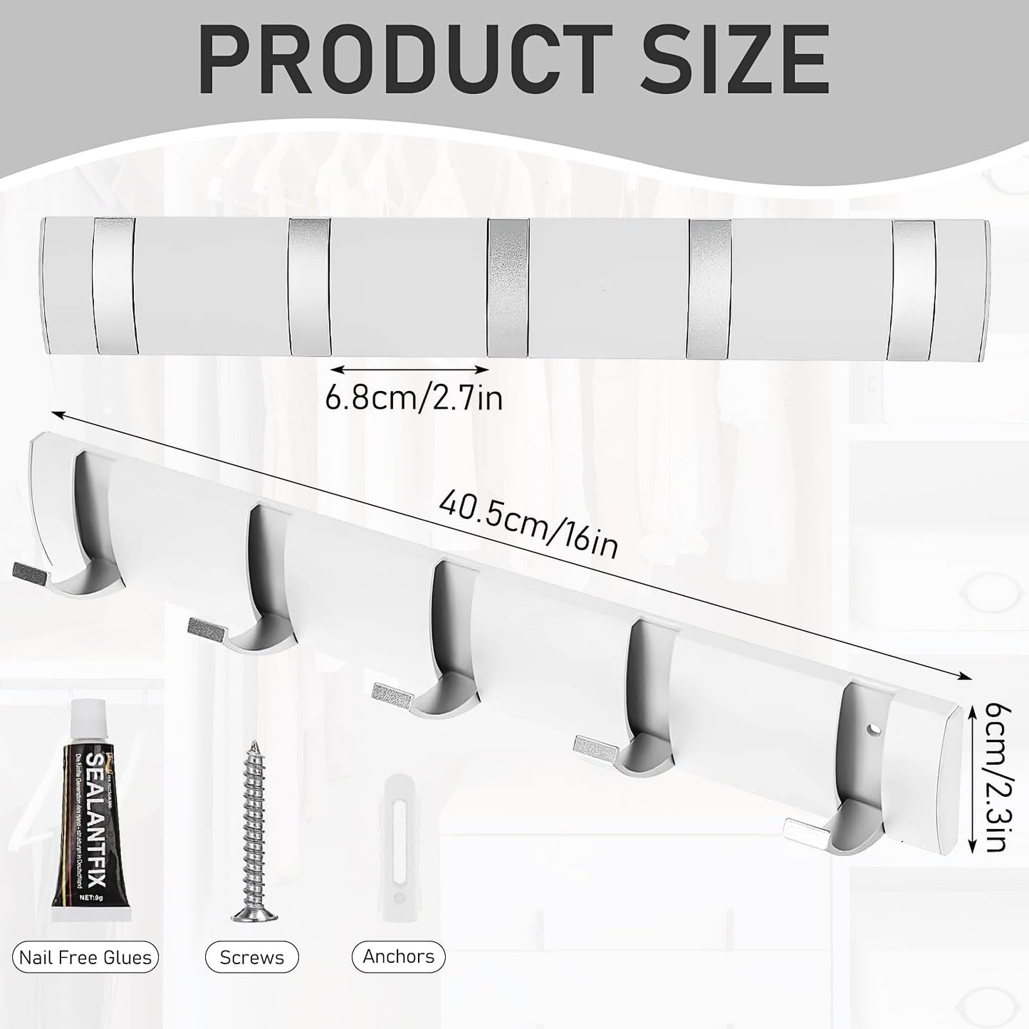 2 Pack Wall Mounted Floating Coat Rack, Wall Rack with 5 Retractable Hooks