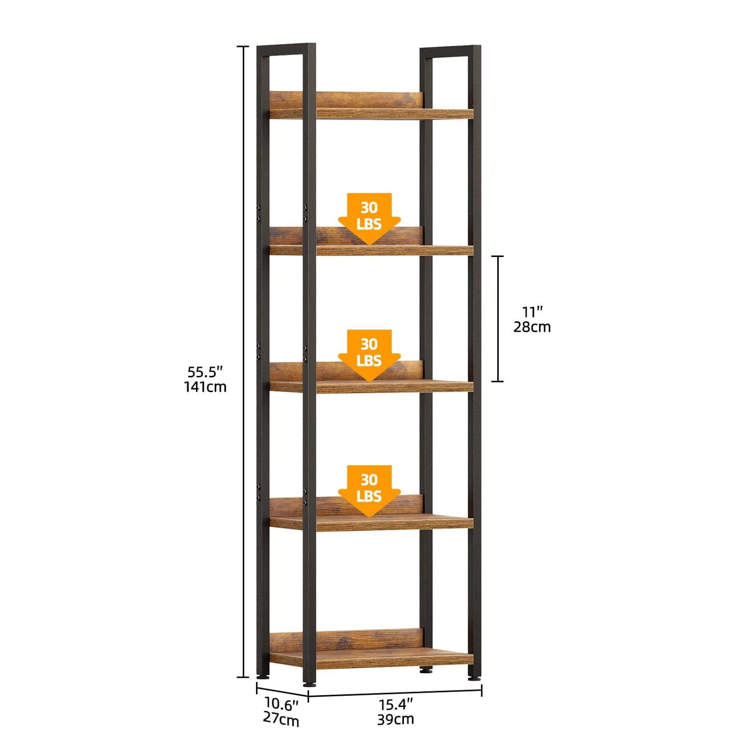 APPOLYN 5 Tier Slim Bookshelf, Bookcase with Backboard, Rustic Brown