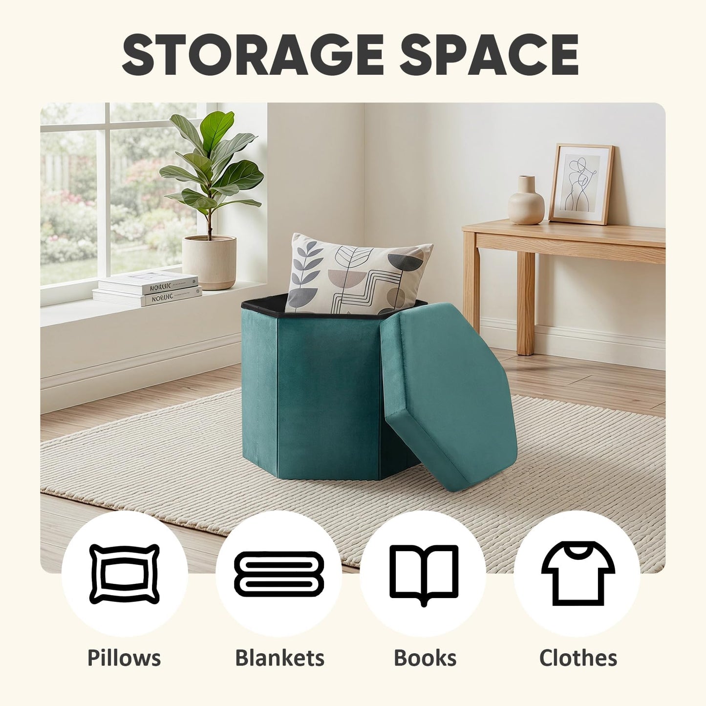 PINPLUS Hexagonal Storage Ottoman, Velvet Foldable Footstool, Teal