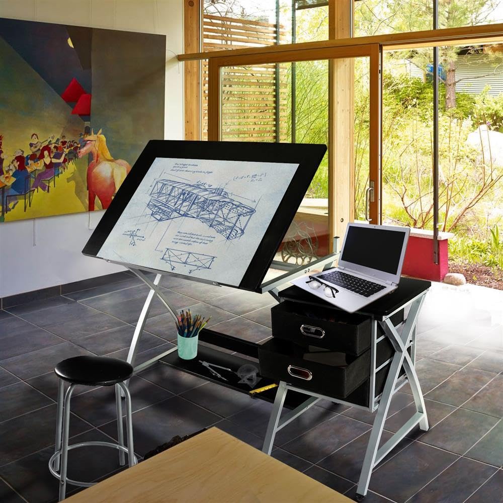 Yaheetech Drafting Table Tiltable Desktop Height Adjustable Art Metal Black