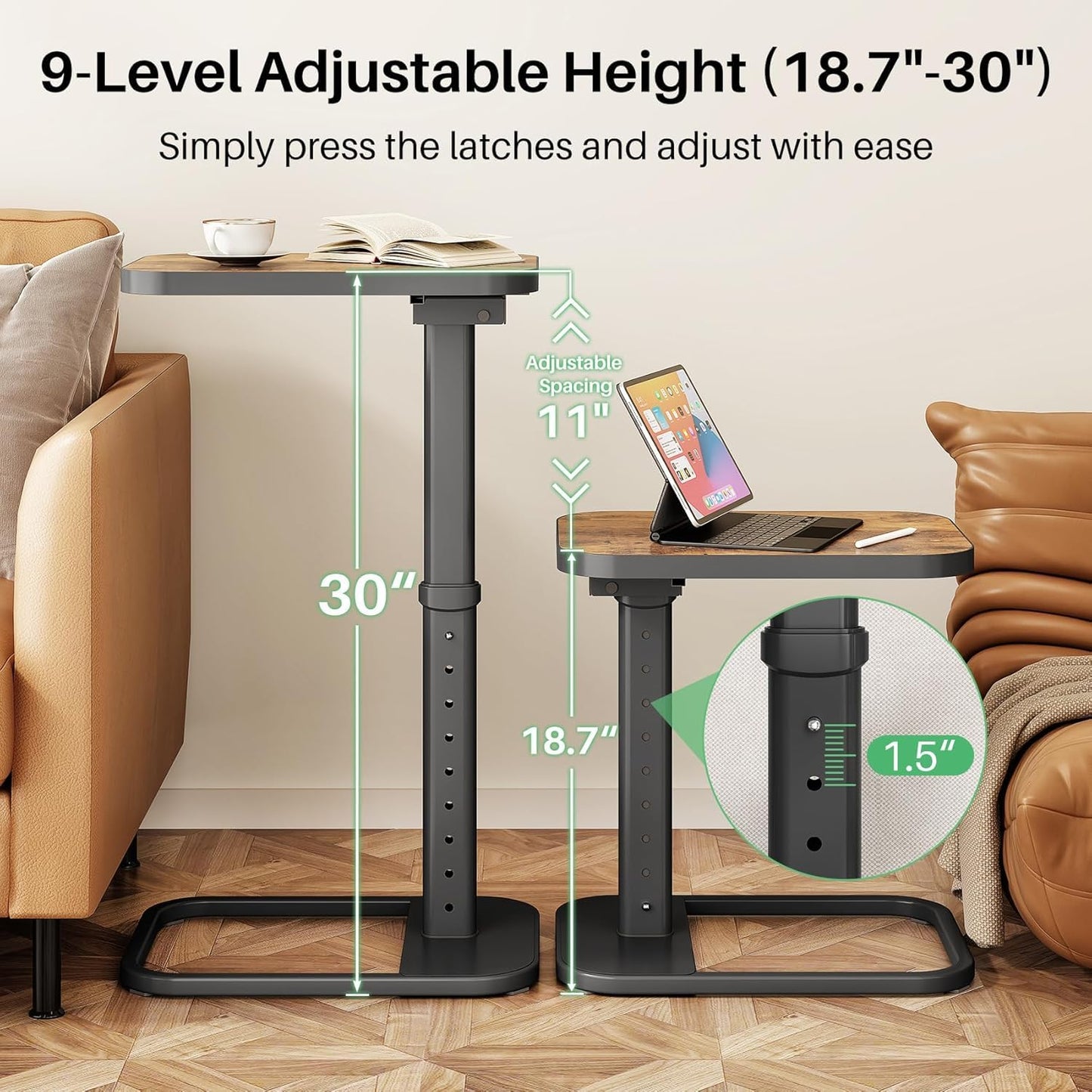 Kitstorack C-Shape Side Table with Adjustable Height & Flip Top, Rounded Corners Small Space End Table