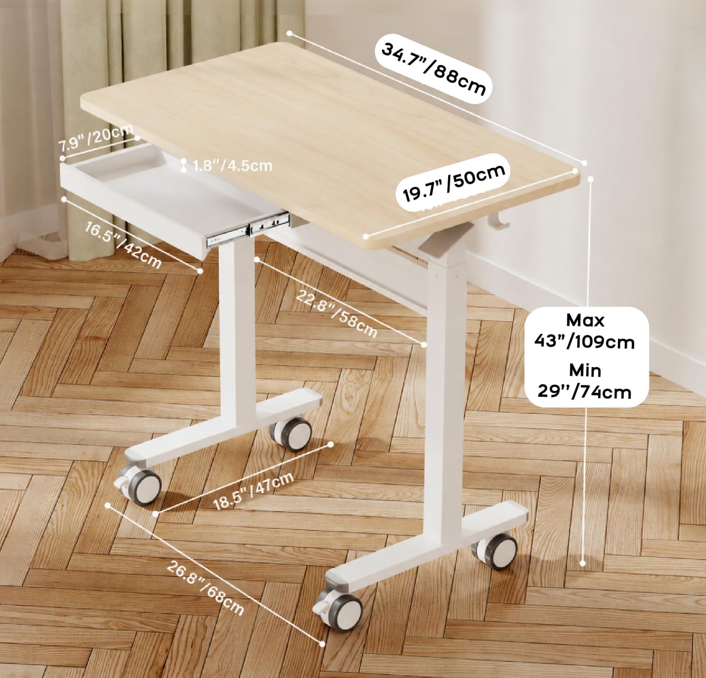 Mobile Standing Desk, Pneumatic Height Adjustable Desk, Light wood