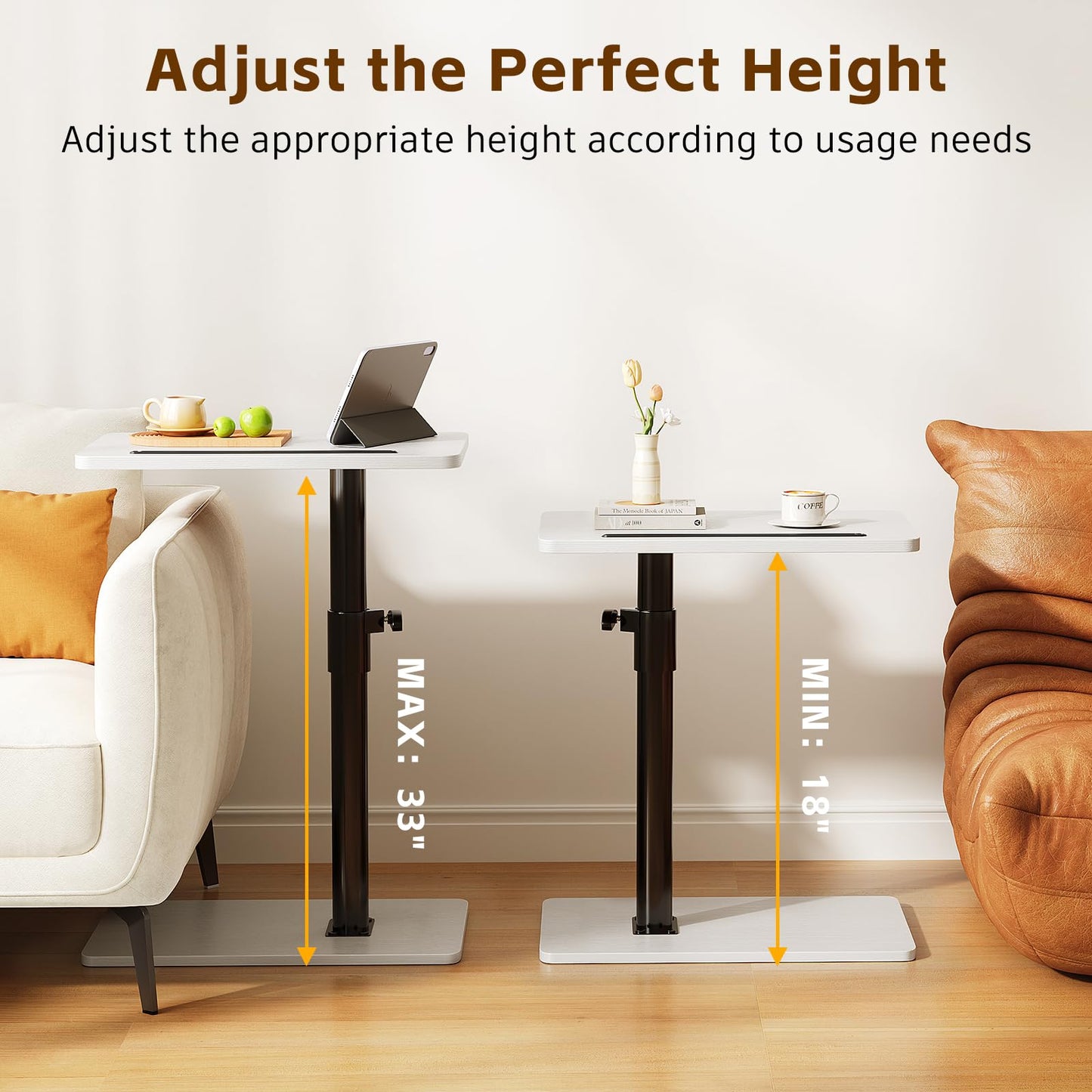 CAIYUN C Shaped Side Table, Height Adjustable Swivel 360° Rotating, White End Table for Small Spaces