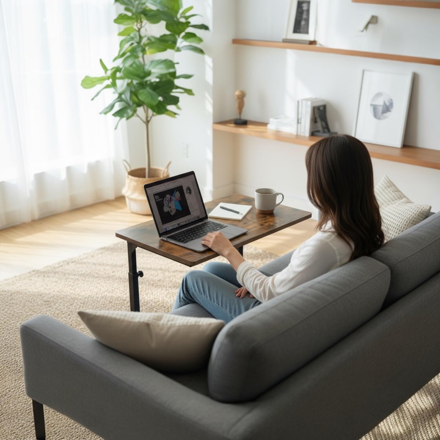 Tinymod C-Shaped Sofa Side Table for Couch & Bed, Height Adjustable Laptop Table, Rustic Brown