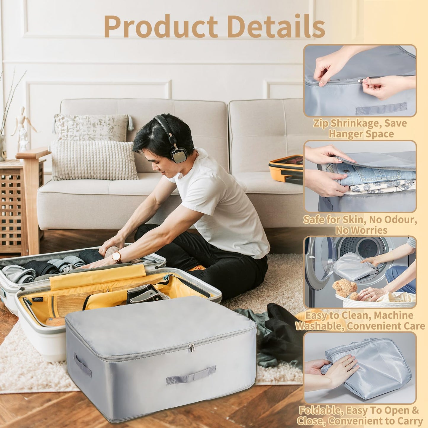 Self-Compressing Storage Bag, Large Movable Duvet Organiser, Grey