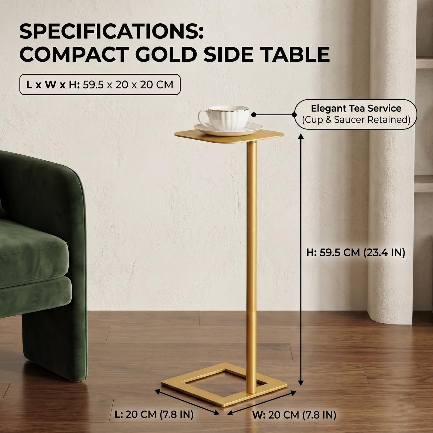 ZEXVIDA Modern Stable C Table End Table, 23.4" Tall, Square, Gold
