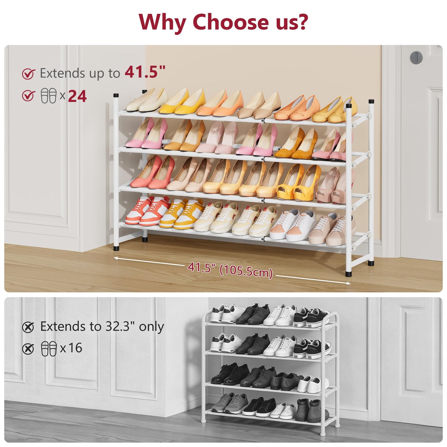 Tajsoon Expandable Shoe Rack for Closet 4 Tier, 28“-41“Stackable, White