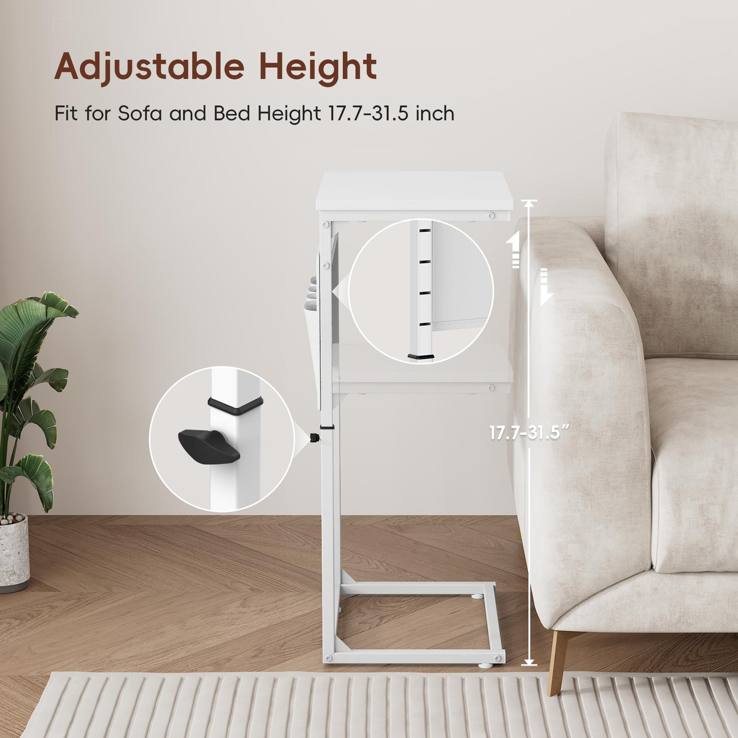 Vagusicc C-Shaped Side Table, Height Adjustable Sofa Side Table, Bedside Table with Cloth Storage Bag, C Table, End Table for Small Spaces
