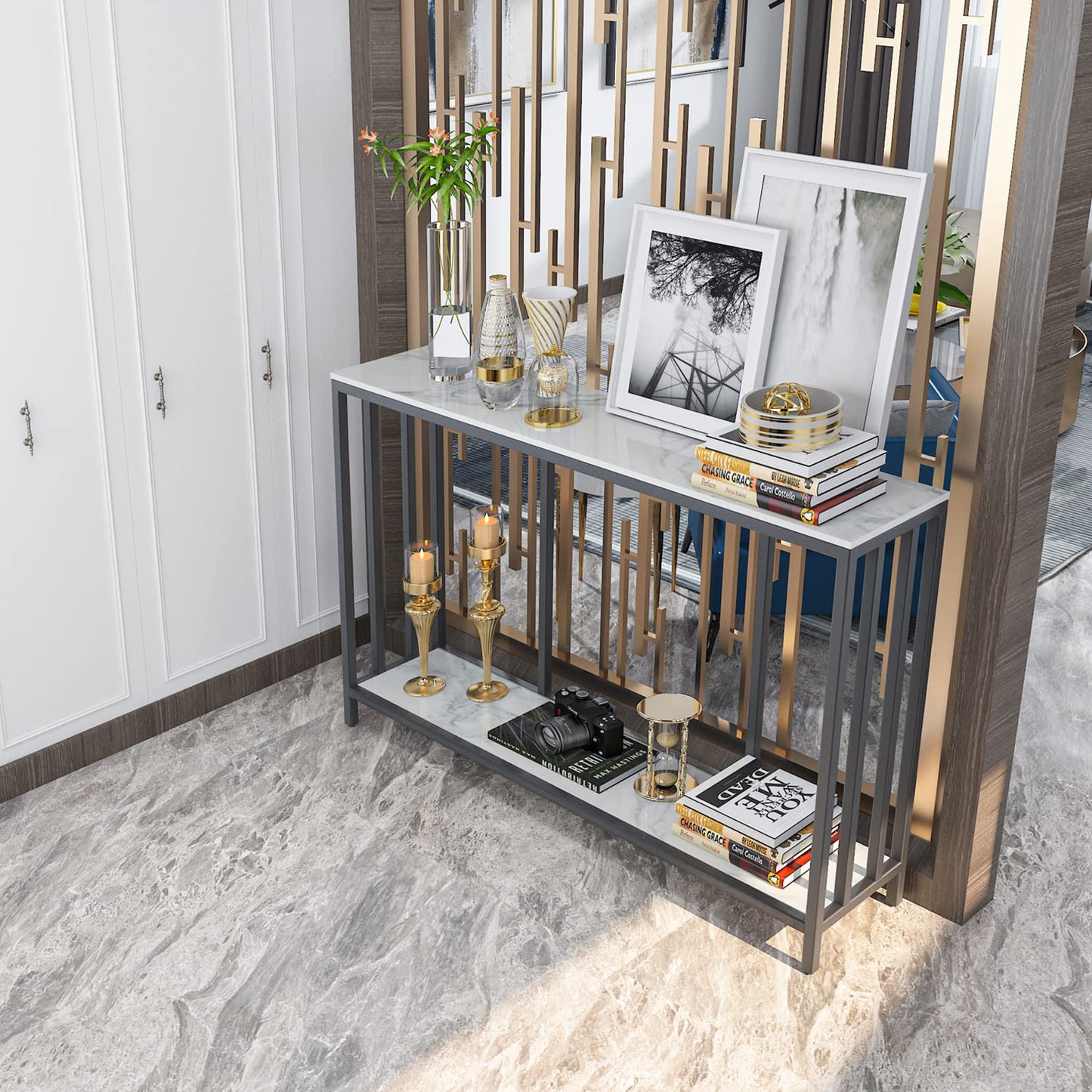 FATIVO 2 Tier Console Table Sintered Stone Marble Top Sofa Back Tables