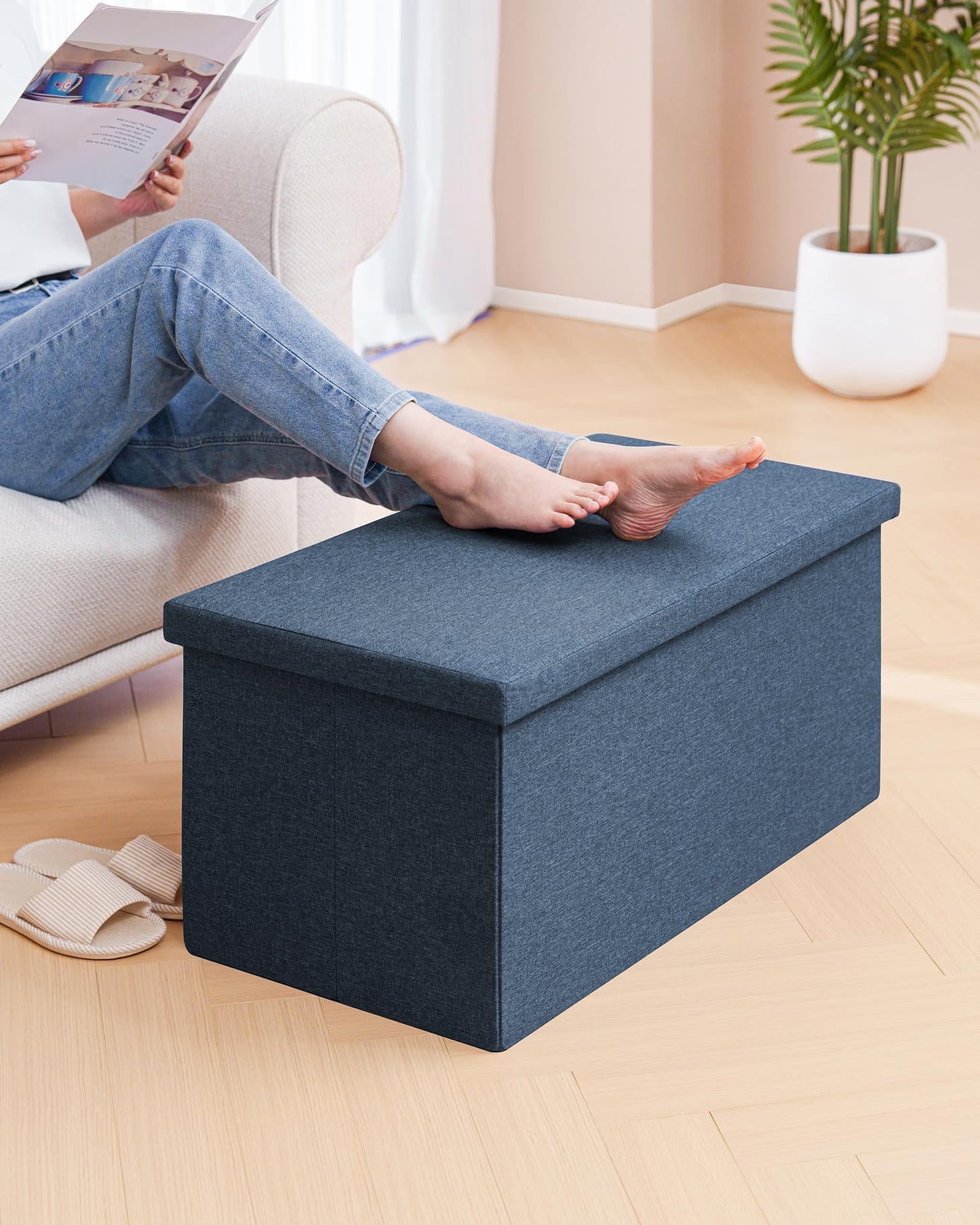 Bonlife Large Storage Ottoman Bench, Foldable Footstool with Tray