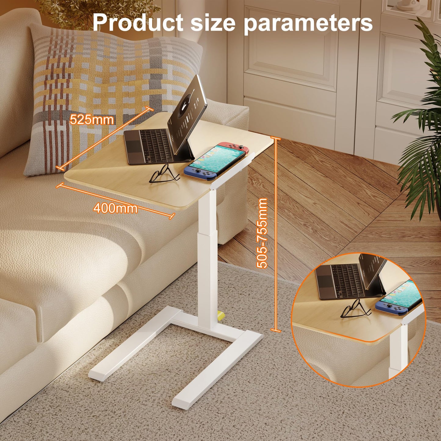 ETHU Compact Overbed Table with Tilting Tabletop 20-29.7"