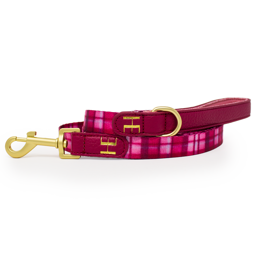 Rose Berry Plaid - Leather Dog Lead