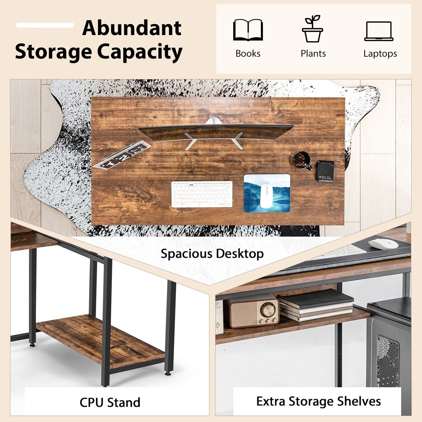 Industrial Computer Desk with Storage Shelf and CPU Stand-Black