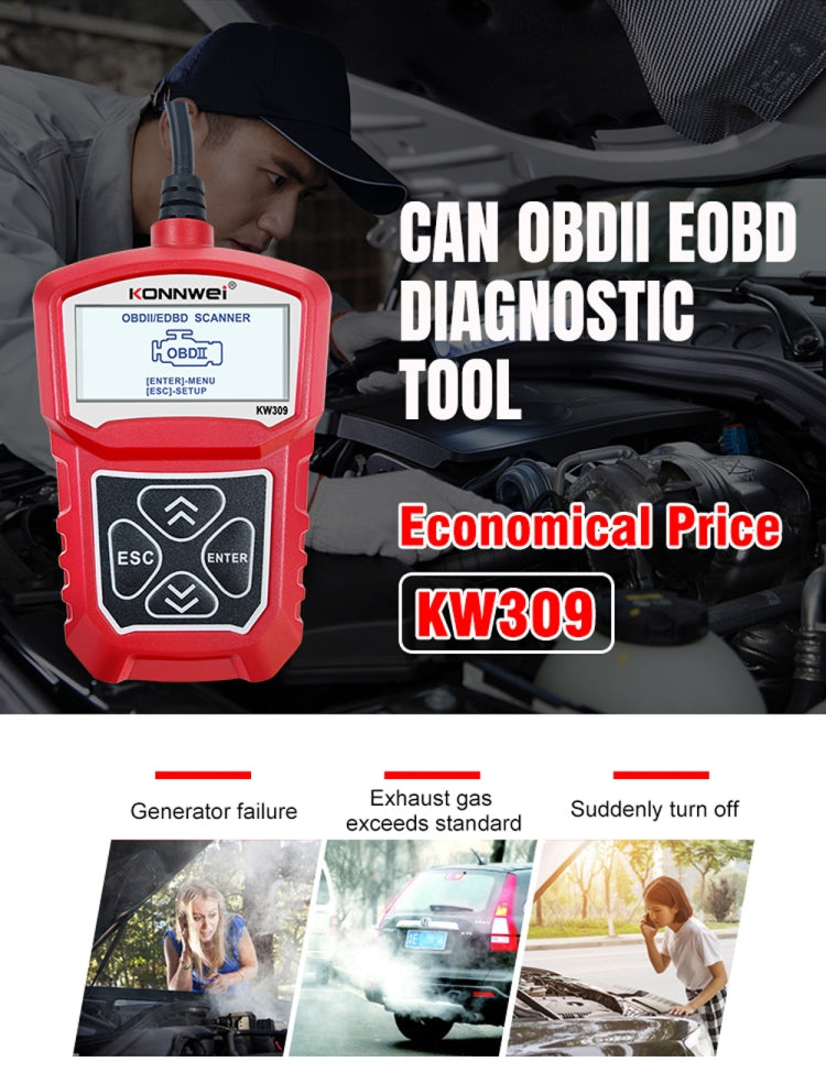KONNWEI KW309 V309 V310 MS309 Code Reader OBD2 Scanner Diagnostic Tool(Red)