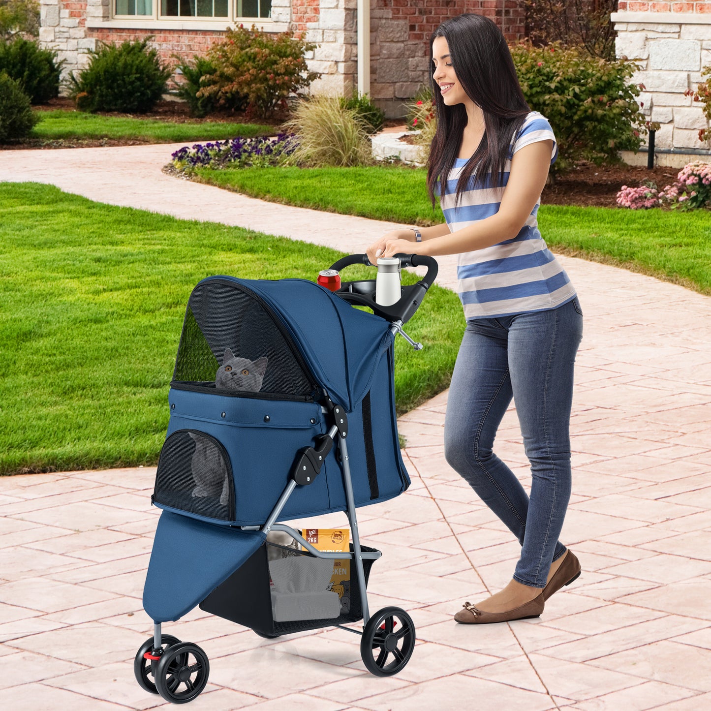 Pet Stroller with Adjustable Canopy and 3 Shock-absorbing Wheels-Black