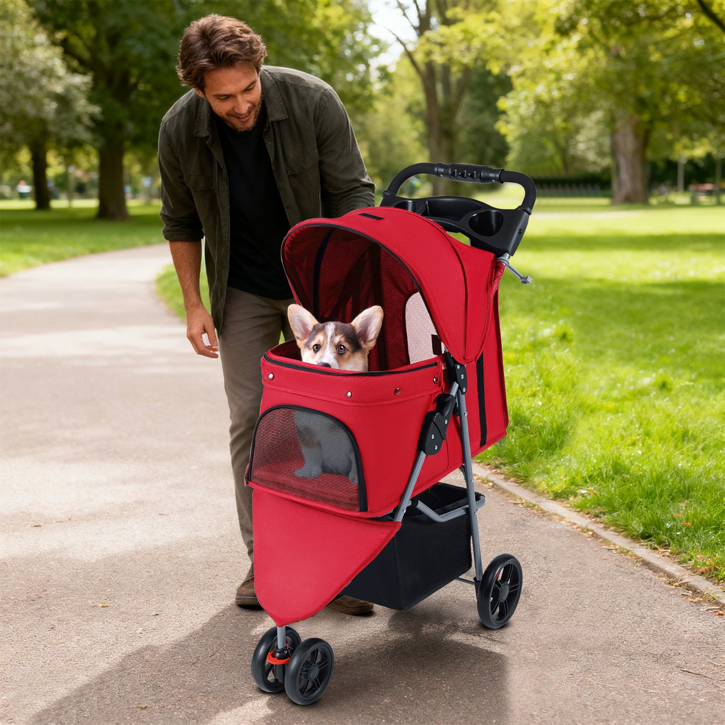 Pet Stroller with Adjustable Canopy and 3 Shock-absorbing Wheels-Black