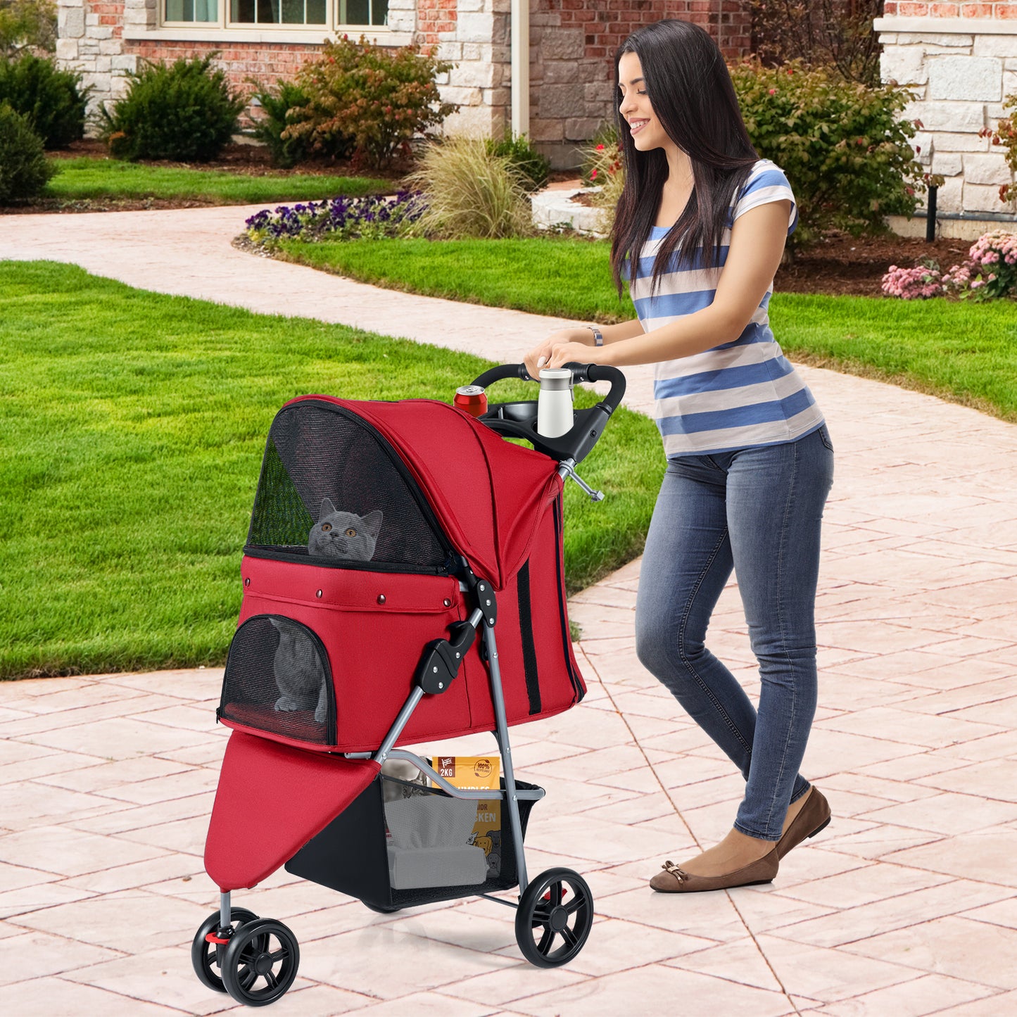 Pet Stroller with Adjustable Canopy and 3 Shock-absorbing Wheels-Black